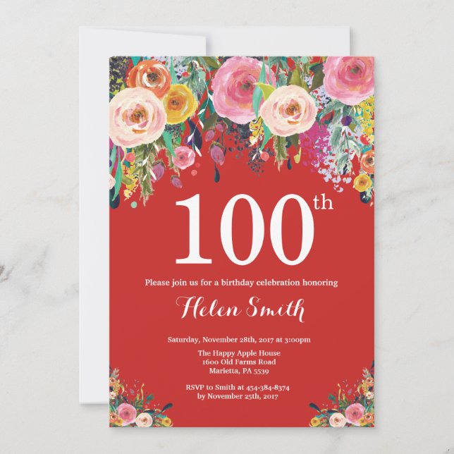 Röd Blommig 100-års Födelsedagsinbjudan Inbjudningar (Framsida)