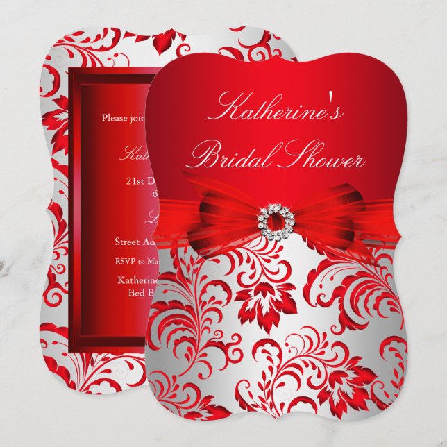 Röd Blommig & Band Bröllopsfest Silver Inbjudningar (Fram/baksida)