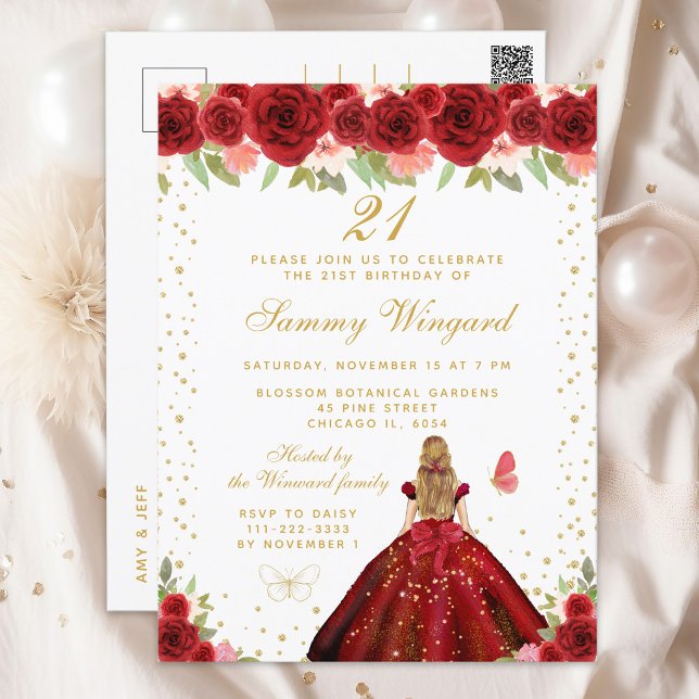 Röd Blommig Blond Hår Prinsessa Födelsedagsfirande Vykort (Skapare uppladdad)