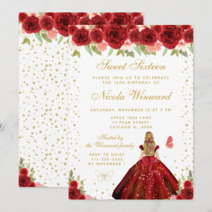 Röd Blommig Blond Hår Prinsessa Sweet Sixteen Inbjudningar