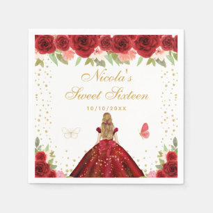 Röd Blommig Blond Hår Prinsessa Sweet Sixteen Pappersservett