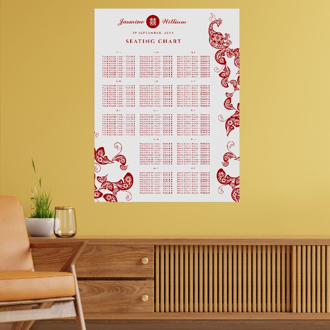 Röd Blommig Boho Påfågel 囍 Bröllopsställningsdiagr Poster (Vardagsrum 2)
