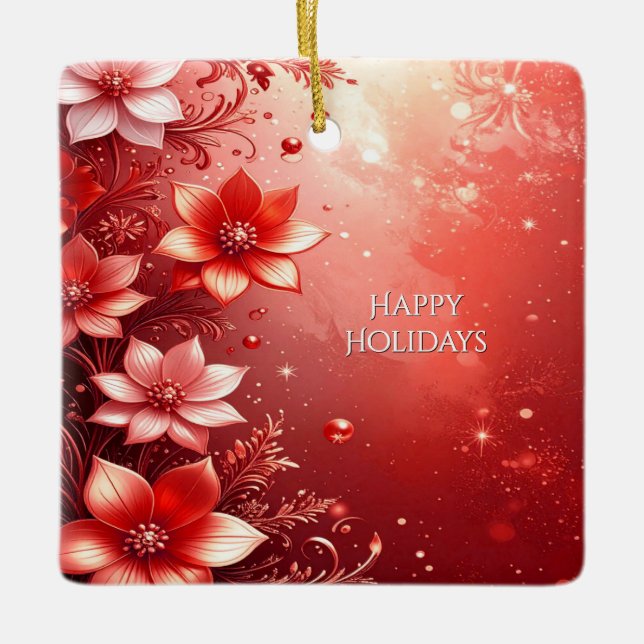 Röd Blommig Festlig Julgransprydnad Keramik (Framsida)