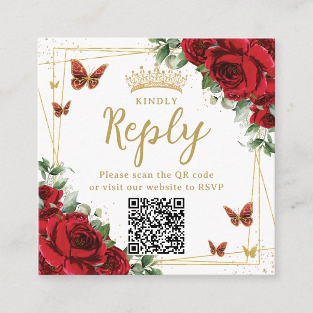 Röd Blommig Fjärilar Quinceanera RSVP QR-kod Tilläggskort (Framsida)
