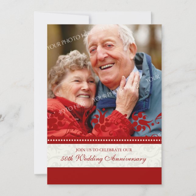 Röd Blommig Foto 50-årsjubileum Inbjudan (Framsida)
