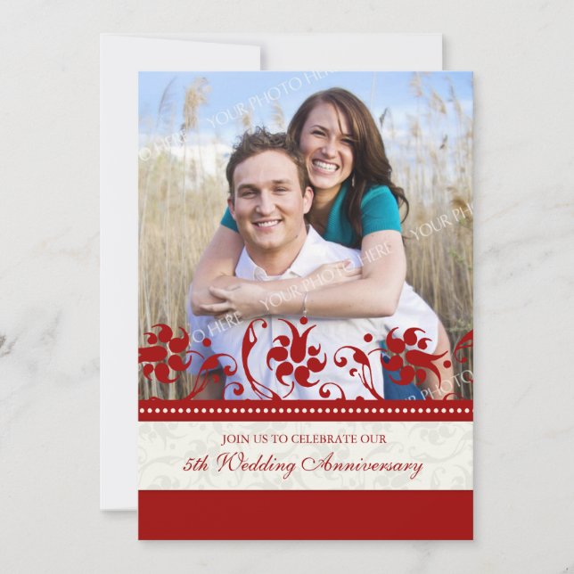 Röd Blommig Foto 5-årsjubileum Inbjudan (Framsida)