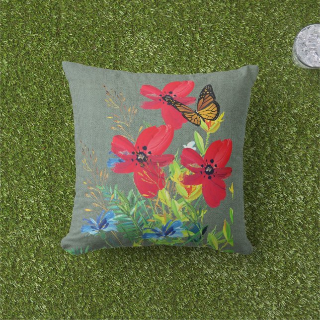 Röd blommig grå burlap  kudde (Gräs)