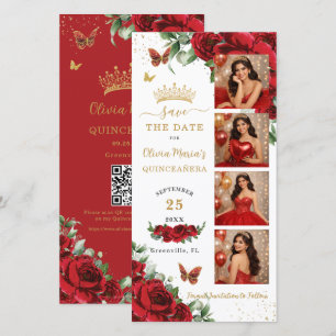 Röd Blommig Guld Fotoautomat Quinceanera QR-kod Spara Datumet