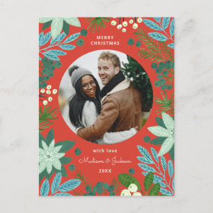 Röd blommig julkort julfirande helg vykort