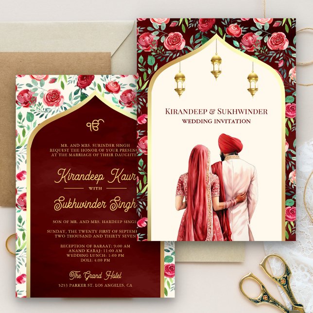 Röd Blommig Kräm Guld Anand Karaj Sikh Bröllop Inbjudningar (Skapare uppladdad)