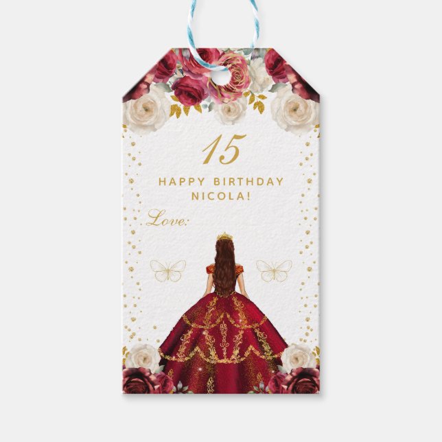 Röd Blommig Prinsessa Glad Födelsedag Presentetikett (Framsidan)