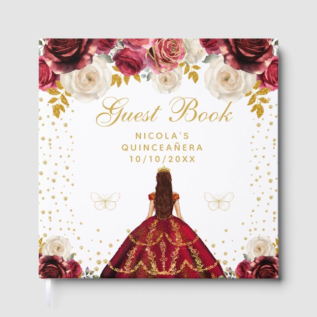 Röd Blommig Prinsessa Quinceañera Gästböcker (Framsida)