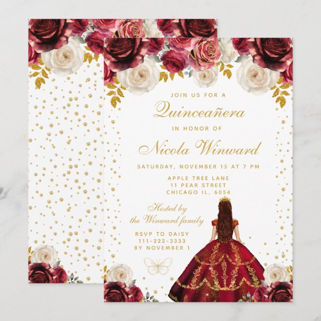Röd Blommig Prinsessa Quinceañera Inbjudningar (Fram/baksida)