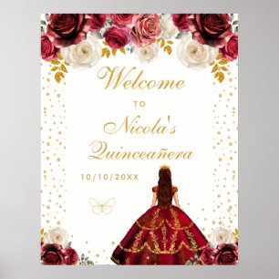 Röd Blommig Prinsessa Quinceañera Välkomstskylt Poster