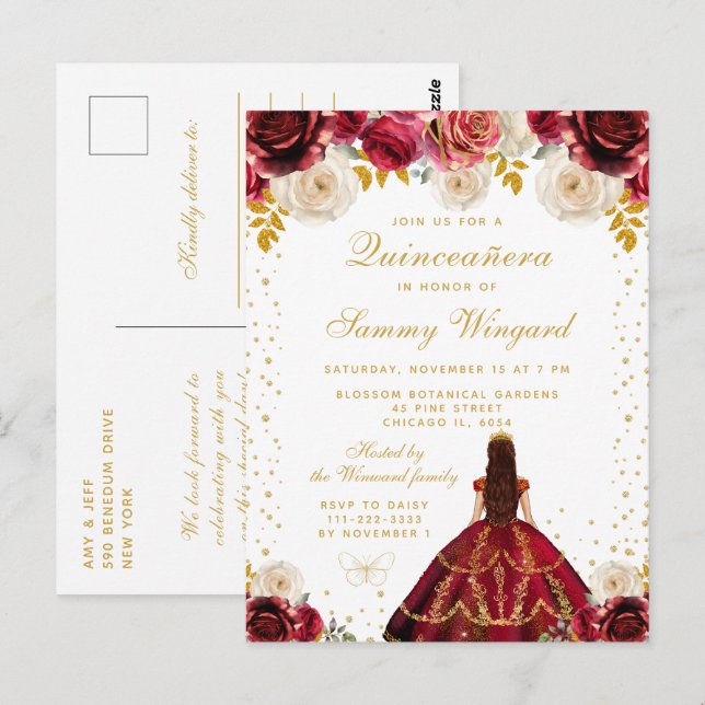 Röd Blommig Prinsessa Quinceañera Vykort (Fram/baksida)