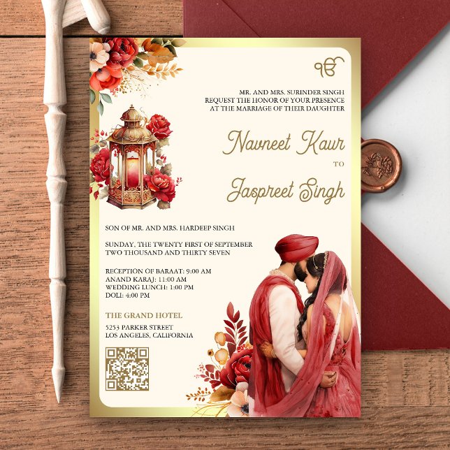 Röd Blommig QR-kod Anand Karaj Sikh Bröllop Inbjudningar (Skapare uppladdad)