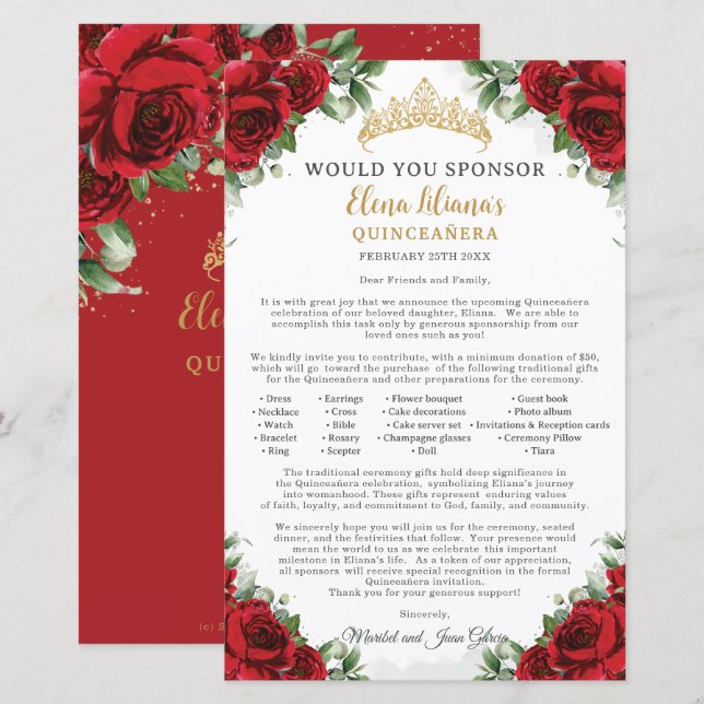 Röd Blommig Quinceañera 15 Sponsor Förfrågan Brev (Fram/baksida)