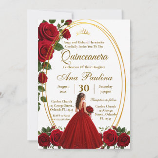 Röd Blommig Quinceañera Inbjudan