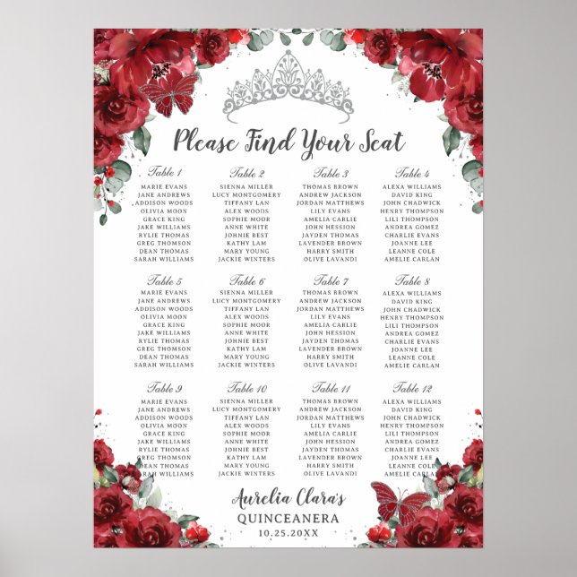 Röd Blommig Silver Quinceañera Blommig Placeringsp Poster (Framsidan)