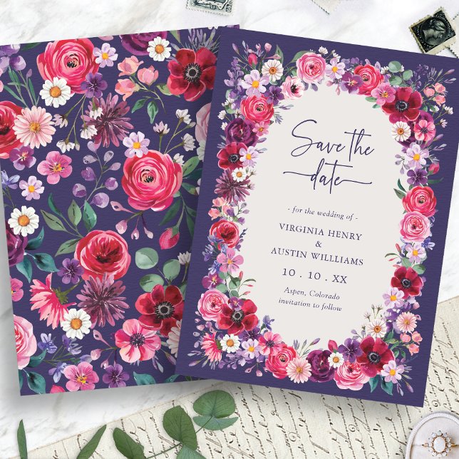 Röd Blommig Spara Datumet (Navy Blue Red Watercolor  Floral Save The Date Card by Painted Paperie
)
