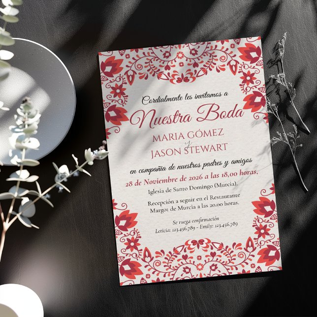 Röd Blommig Traditionell Folklig Spansk Bröllopsin Inbjudningar (Red Floral Traditional Folk Art Spanish Wedding Invitation)