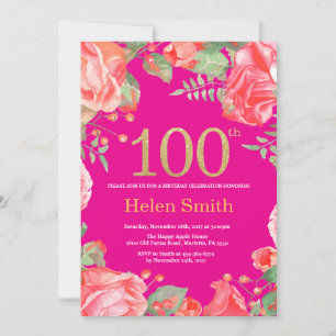 Röd Blommigt 100:e födelsedagen Guld Glitter Shock Inbjudningar