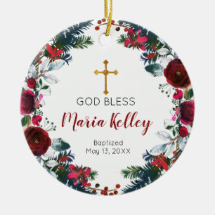 Röd Blommigt Burgundy Personlig Flickbaptism Julgransprydnad Keramik