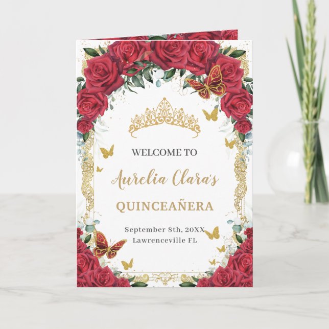 Röd Blommigt Butterflies Quinceañera-order av händ Program (Framsida)