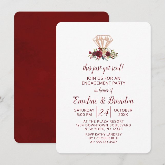 Röd Blommigt Den här Har riktiga Förlovningsfesten Inbjudningar (Fram/baksida)