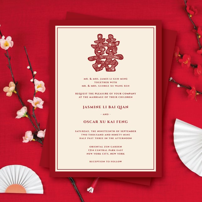 Röd Blommigt Dubbla lycka Modern kinesiska Bröllop Inbjudningar (Red Floral Paper Cut Double Happiness Modern Chinese Wedding Invite @ zazzle.com/fatfatin_red_knot)