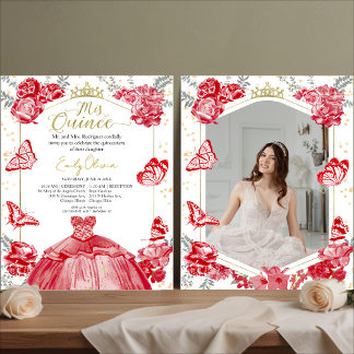 Röd Blommigt för Mis Quince Photo Budget-inbjudan