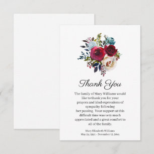 Röd Blommigt för vattenfärg Funeral Tack You Card Kort