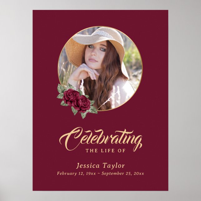 Röd Blommigt Foto Memorial Funeral Välkomsttecken Poster (Framsidan)