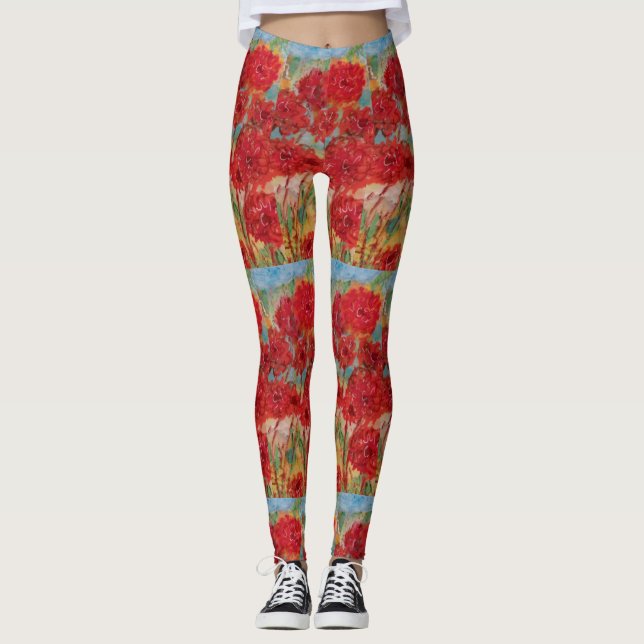 Röd Blommigt Leggings (Framsida)