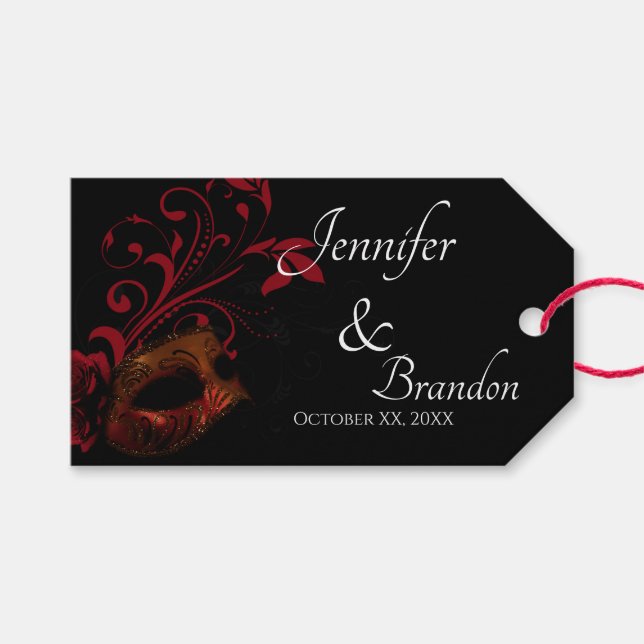 Röd Blommigt Mask-bröllopsförmån Presentetikett (Framsidan (Horisontell))