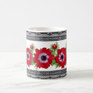 Röd Blommigt med Svarta Snöre Gräns Kaffemugg