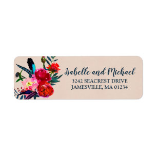 Röd Blommigt och Returetiketter med blå fjädrar Returadress Etikett