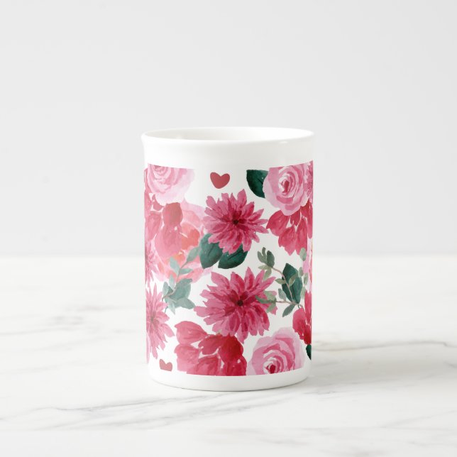 Röd blommigt och rosa blommor benporslin mugg (Framsidan)