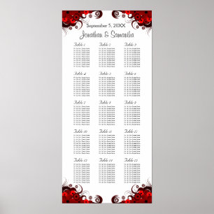 Röd Blommigt och vit 15 Bröllop Bord sätesdiagram Poster