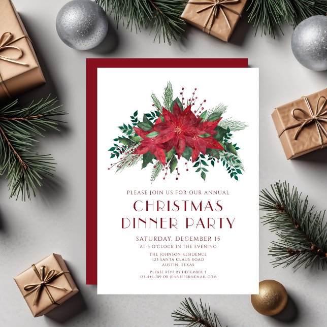 Röd Blommigt Poinsettia Julmiddag Party Inbjudningar (Red Floral Poinsettia Christmas Dinner Party Invitation)