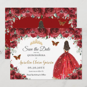 Röd Blommigt Princess Guld Quinceañera Spara datum Datumet