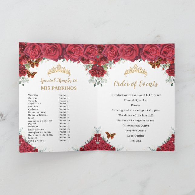 Röd Blommigt Princess Quinceañera Order of Events Program (Inuti)