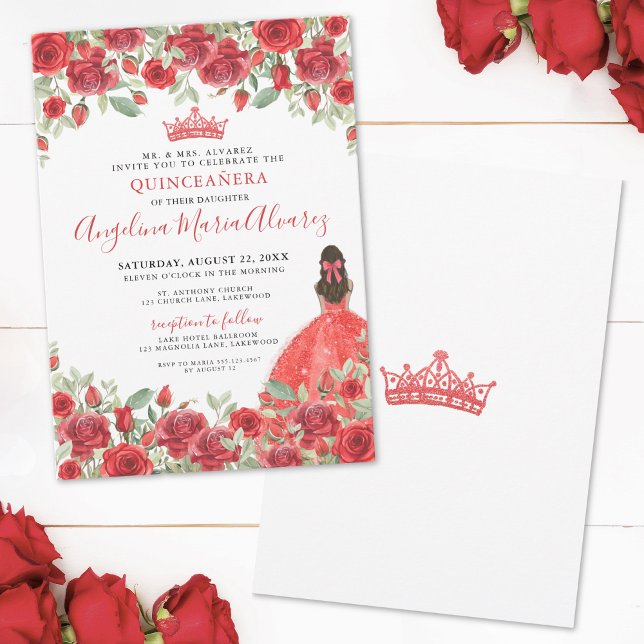 Röd Blommigt Quinceanera-inbjudan Inbjudningar (Elegant Red Floral Quinceanera Invitation)