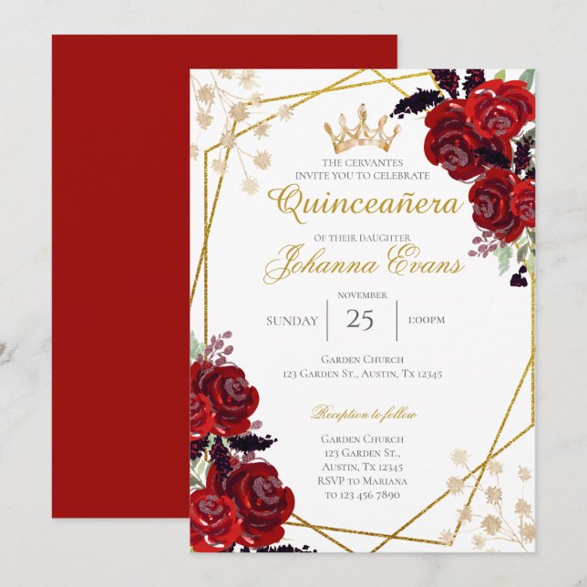 Röd Blommigt Quinceanera Inbjudningar (Fram/baksida)