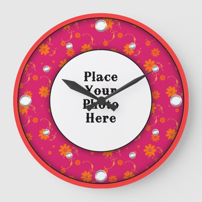 Röd Blommigt Ram Din fotomägel lås Stor Klocka (Framsida)