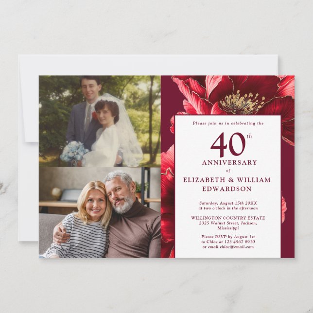Röd Blommigt sedan och nu 40-årsjubiléet 2 foto Inbjudningar (Framsida)