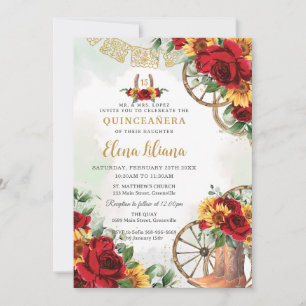 Röd Blommigt Solblommor Boots Horseshoe Quinceañer Inbjudningar