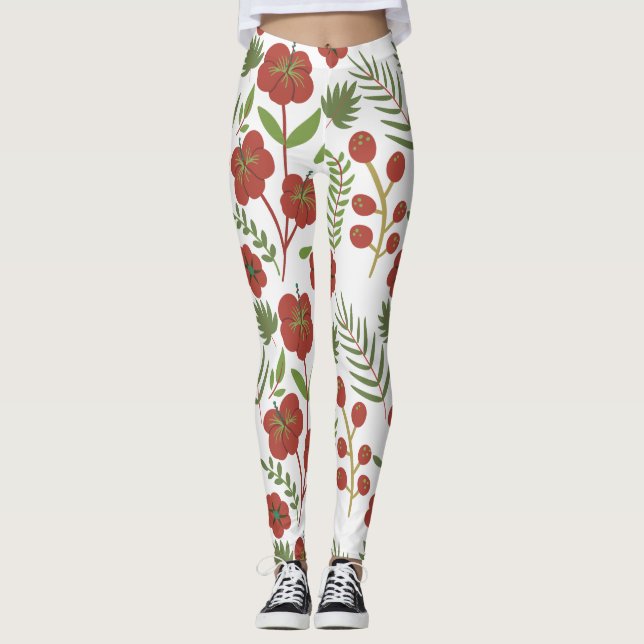 Röd blommigt sömlös mönster på vit bakgrund leggings (Framsida)