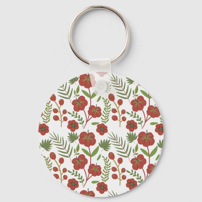 Röd blommigt sömlös mönster på vit bakgrund nyckelring (Framsida)