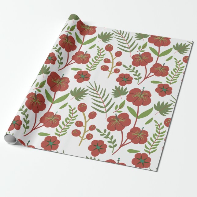 Röd blommigt sömlös mönster på vit bakgrund presentpapper (Utrullad)